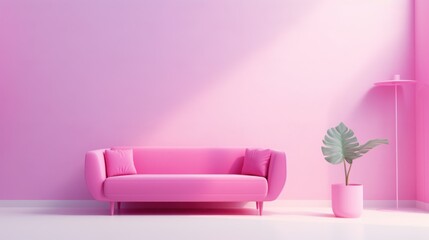 Stylish minimalist monochrome interior of modern cozy living room in pastel pink and purple tones. Trendy couch, floor lamp, plant in a vase. Creative home design. Mockup, 3D rendering.