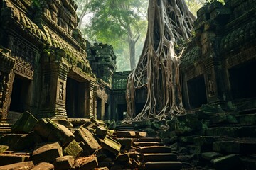 Naklejka premium Enormous tree roots enveloping ancient Ta Prohm temple ruins in Angkor Wat, Siem Reap, Cambodia. Generative AI