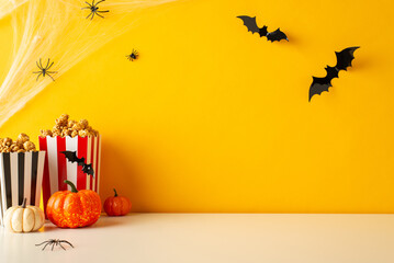 Cinema outing on Halloween with pals! Eerie side view table setup featuring pumpkins, spiders, bats, spiderweb, and popcorn boxes on a yellow wall background, setting the mood for horror flicks
