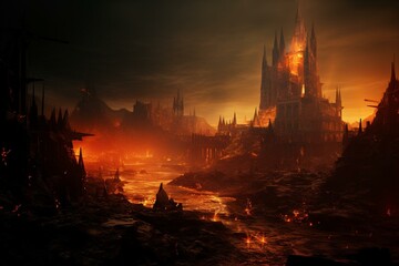 Dystopian city engulfed in flames, charred remains, illuminated in white, yellow, and red lights, ruined castles, eerie structures, Halloween nightmare fantasy. Generative AI