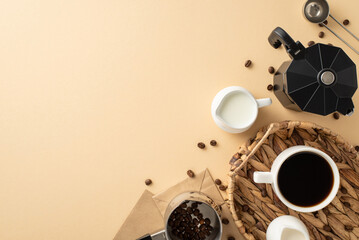 Commemorate Coffee Day with striking setup. Top view of scattered coffee beans, espresso cup within elegant wicker tray, milk, cream jars, etc on pastel beige surface, offering space for your message - Powered by Adobe