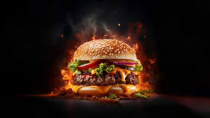 Hamburguesa completa carne de ternera con fondo negro y llamas