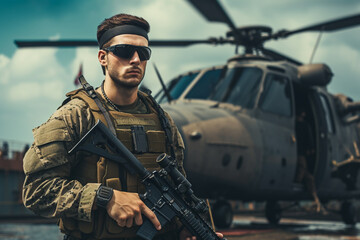 US Army Marine in full uniform and tactical equipment on the deck of a warship, an aircraft carrier. Military helicopter in the background. AI generated.