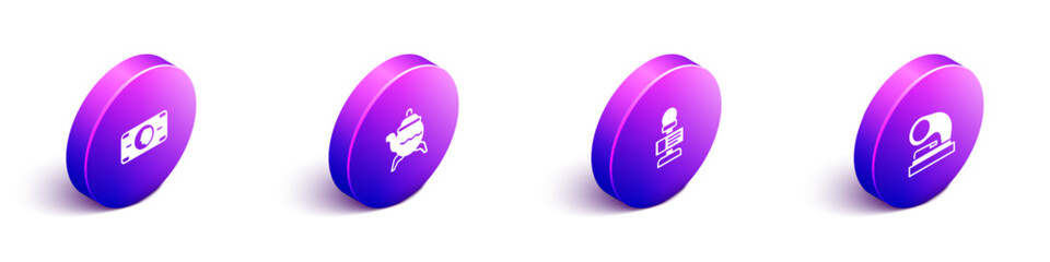 Set Isometric Stacks paper money cash, Classic teapot, Microphone and Old gramophone icon. Vector