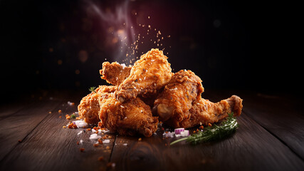 Pollo frito sobre fondo negro