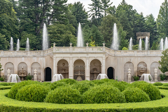 Kennett Square, Pennsylvania – August 11, 2023: Beautiful Longwood Gardens Fountains. Longwood Gardens is in Kennett Square, Pennsylvania and covers over 1,077 acres with indoor and outdoor gardens.