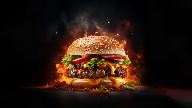 Hamburguesa completa carne de ternera con fondo negro y llamas
