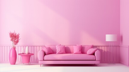 Fototapeta na wymiar Stylish minimalist monochrome interior of modern cozy living room in pastel pink and purple tones. Trendy couch, floor lamp, decorative plants in vases. Creative home design. Mockup, 3D rendering.