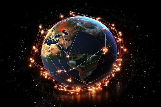 An image of the globe with a network of communication satellites for high-speed connectivity, data storage, and social communication. Generative AI