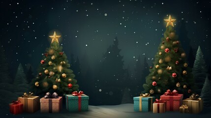 realistic merry christmas background with trees, lamp, gift, 3d background