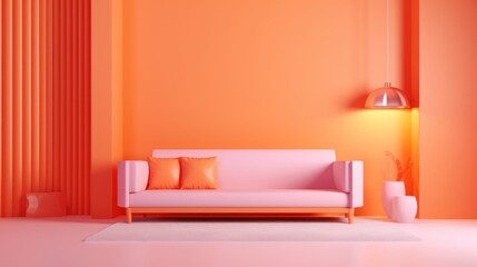 Fototapeta na wymiar Stylish minimalist monochrome interior of modern cozy living room in pastel orange and pink tones. Trendy couch, decorative vases, pendant lamp. Creative home design. Mockup, 3D rendering.
