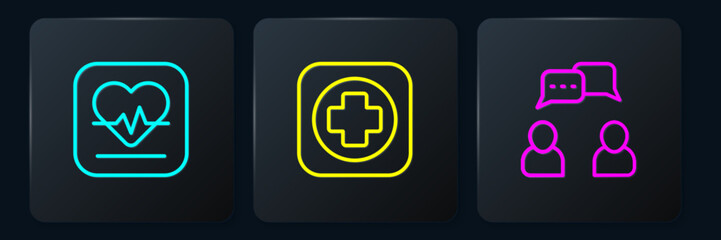 Set line Heart rate, Speech bubble chat and Hospital signboard. Black square button. Vector