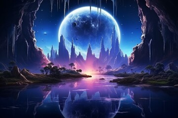 Futuristic night landscape with abstract island, moonlight, radiance, moon, neon. Dark scene with light reflection in water. Space galaxy portal. Generative AI