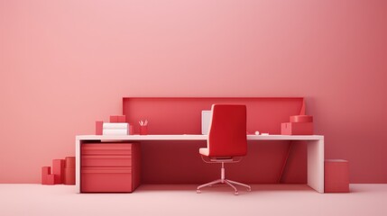 Stylish minimalist monochrome interior of modern office room in pastel carmine red and pink tones. Large desktop, computer, office tools, chair. Creative design. Mockup, 3D rendering.