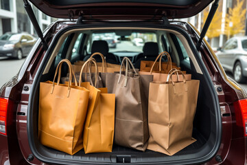 Bags and packages with purchases in the trunk of a car in the parking lot of a supermarket.