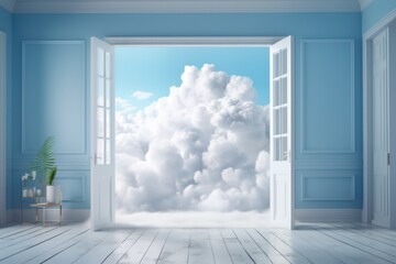 abstract decorative background. White fluffy clouds around the doorway and envelop everything around .delicate pastel shades. 