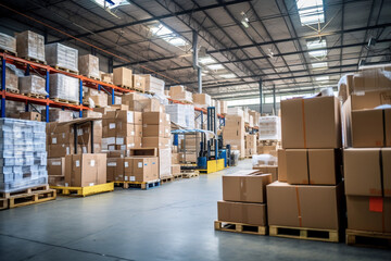 Large warehouse space with cardboard boxes.