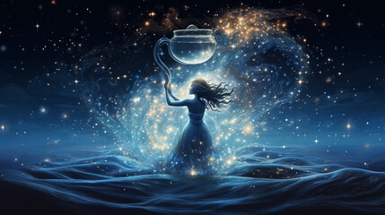 The constellation Aquarius, the Water Bearer, depicted with its celestial water jug, shining amidst a sea of stars in the night sky, Constellation, Background - obrazy, fototapety, plakaty