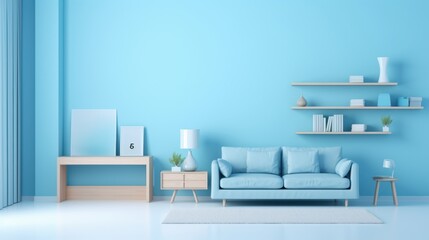 Stylish minimalist monochrome interior of modern cozy living room in white and pastel blue tones. Trendy couch, coffee table, wall lamps, poster template. Creative home design. Mockup, 3D rendering.