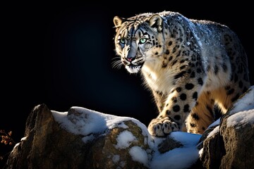 stealthy snow leopard on snow covered rocks portrait - isolated on black background - hunter in the mountains in the cold - stalking wilderness - generative ai
