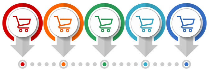 Shopping cart vector icon set, flat design infographic template, set pointer concept icons in 5 color options for webdesign and mobile applications