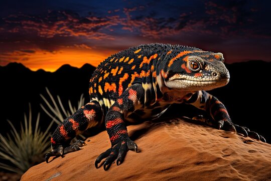 gila monster slowly crawling across the desert floor - isolated on dark background - colorful pattern and unique textures in nature - generative ai