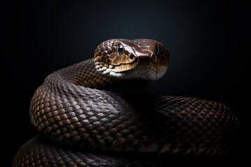 Obraz premium curled in snake - isolated on black background - sinuous body and distinctive patterns - generative ai