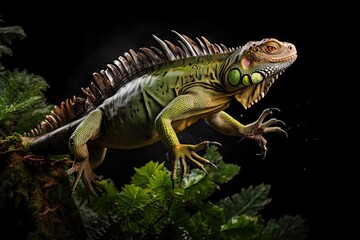 Obraz premium green iguana leaping of a tree - isolated on black background - 