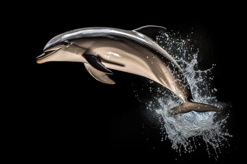 dolphin jumping out of water with elegance and grace - playful leaping of a dolphin - isolated on black background - generative ai