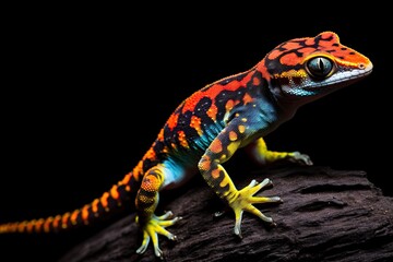 Obraz premium colorful gecko climbing on a rock - lizard climbing - impressive motion and colors - isolated on black background - generative ai