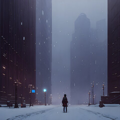 heavy snowfall. a man walks in bad weather along a city street. snow storm in the city. generative AI