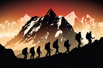 Fototapeta na wymiar Silhouettes of people tourists climbing up the mountain.