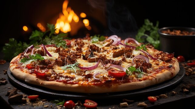 Warm meat pizza with delicious flavorful smoke