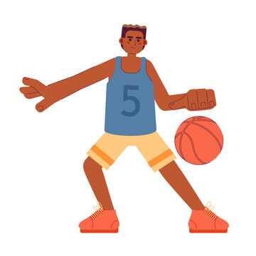 African american basketball player semi flat color vector character. Man shooting basketball ball. Editable full body person on white. Simple cartoon spot illustration for web graphic design