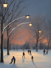 Winter skating in the city in the evening under the lights. watercolor illustration. generative AI
