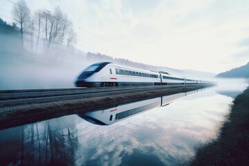 train passing a lake with fog in the morning hours - transportation and nature - sustainable rail transport - generative ai 