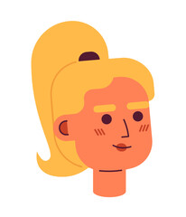 Blonde young woman semi flat vector character head. Optimistic. Ponytail hairstyle. Editable cartoon avatar icon. Face emotion. Colorful spot illustration for web graphic design, animation