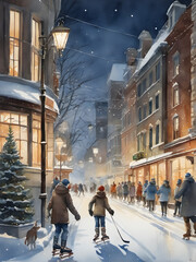 Obraz premium Winter skating in the city in the evening under the lights. watercolor illustration. generative AI