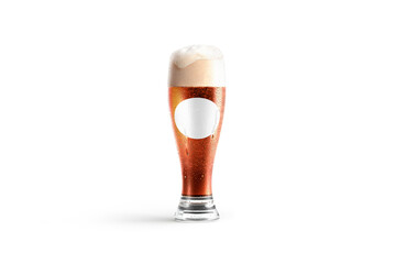 Blank transparent red beer glass round label mockup, front view
