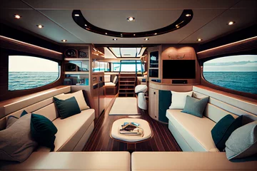 Foto op Canvas The interior of the cabin of a luxury yacht or speedboat, the sea is visible through the windows. © serperm73