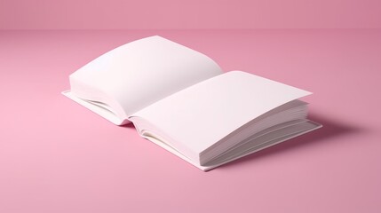 A white open book with a blank pages lies on a light-pink background.