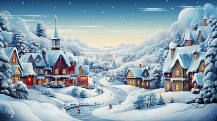 Foto op Canvas Christmas card, village houses in winter snow landscape, snowflakes falling from sky © Rawf8