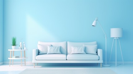 Stylish minimalist monochrome interior of modern cozy living room in white and pastel blue tones. Trendy couch, coffee table, floor lamp. Creative home design. Mockup, 3D rendering.