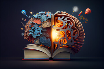 The concept of education, the study of modern sciences. Human brain, abstract illustration made from different parts of mechanics and an open book.