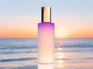 Serene Sunset Ocean View with Elegant Cosmetic Bottle