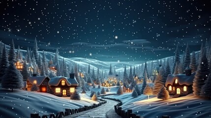 Christmas card, village houses in winter snow landscape, snowflakes falling from sky