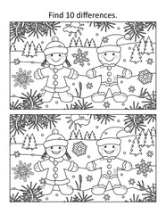 Difference game with gingerbread man and gingerbread girl walking in outdoor winter scene.
