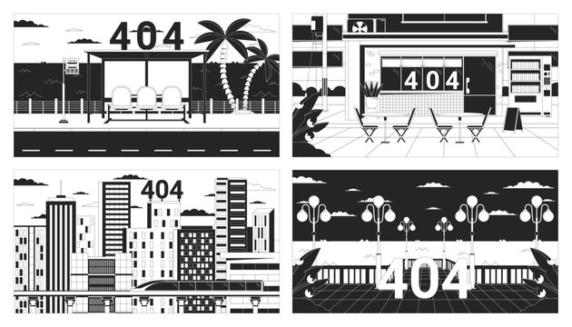 Dusk city black white error 404 flash message set. Storefront, bus stop, waterfront. Not found cartoon image pack, dreamy vibes. Monochrome vector flat illustrations with 90s retro background