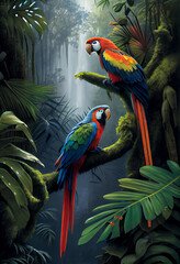 Tropical green jungle with several colored parrots on tree branches. Abstract illustration.