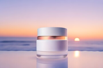 Elegant Skincare Jar Against Serene Ocean Sunrise